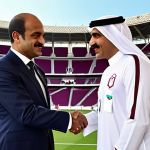**

A regal Qatari royal transforming into a sports diplomat, shaking hands with the FIFA president against a backdrop of modern stadiums and the Qatar flag, symbolizing ambition and national pride.

**