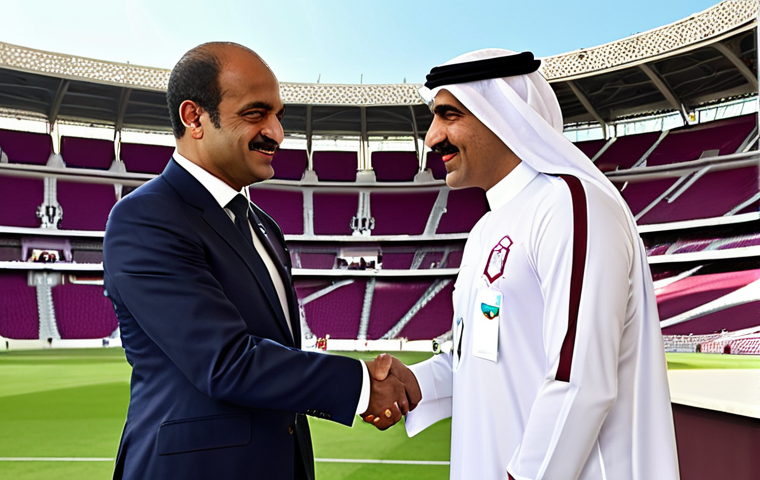**
A regal Qatari royal transforming into a sports diplomat, shaking hands with the FIFA president against a backdrop of modern stadiums and the Qatar flag, symbolizing ambition and national pride.
**