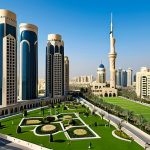 A professional, wide-angle shot showcasing the harmonious blend of modern and traditional Qatari architecture under a clear blue sky. Towering, sleek skyscrapers with advanced energy-efficient facades stand alongside intricately designed traditional buildings featuring distinct wind towers (barjeel) and detailed Mashrabiya latticework. Lush green urban parks with smart irrigation systems and pedestrian-friendly, cooled outdoor areas are visible, demonstrating innovative climate adaptation. The overall scene reflects a thriving, sustainable city. high resolution, detailed, realistic lighting, perfect anatomy, correct proportions, natural pose, fully clothed, appropriate attire, safe for work, professional photography.