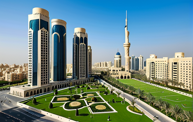 A professional, wide-angle shot showcasing the harmonious blend of modern and traditional Qatari architecture under a clear blue sky. Towering, sleek skyscrapers with advanced energy-efficient facades stand alongside intricately designed traditional buildings featuring distinct wind towers (barjeel) and detailed Mashrabiya latticework. Lush green urban parks with smart irrigation systems and pedestrian-friendly, cooled outdoor areas are visible, demonstrating innovative climate adaptation. The overall scene reflects a thriving, sustainable city. high resolution, detailed, realistic lighting, perfect anatomy, correct proportions, natural pose, fully clothed, appropriate attire, safe for work, professional photography.