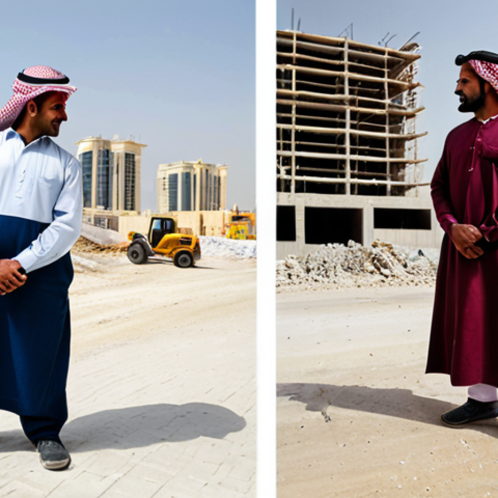 Contrasting Lifestyles**

"A split-screen image depicting the contrasting lives in Qatar. On one side, a Qatari national in professional dress at a modern office, fully clothed, perfect anatomy, natural pose. On the other side, fully clothed migrant workers in modest clothing at a construction site near Doha, appropriate attire, perfect anatomy, natural proportions, safe for work, appropriate content, professional photography, high quality."

**