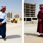 Contrasting Lifestyles**

"A split-screen image depicting the contrasting lives in Qatar. On one side, a Qatari national in professional dress at a modern office, fully clothed, perfect anatomy, natural pose. On the other side, fully clothed migrant workers in modest clothing at a construction site near Doha, appropriate attire, perfect anatomy, natural proportions, safe for work, appropriate content, professional photography, high quality."

**