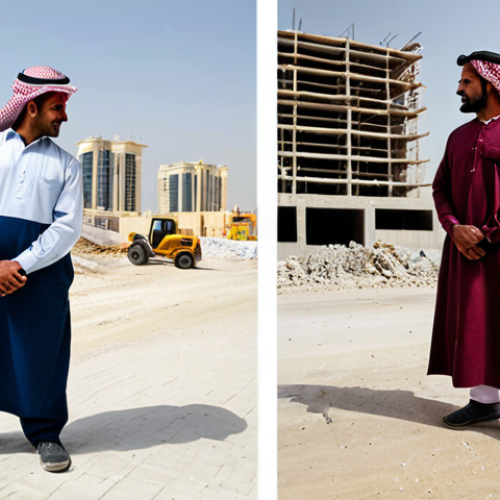Home 7 Contrasting Lifestyles**
"A split-screen image depicting the contrasting lives in Qatar. On one side, a Qatari national in professional dress at a modern office, fully clothed, perfect anatomy, natural pose. On the other side, fully clothed migrant workers in modest clothing at a construction site near Doha, appropriate attire, perfect anatomy, natural proportions, safe for work, appropriate content, professional photography, high quality."
**