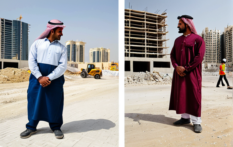 Contrasting Lifestyles**
"A split-screen image depicting the contrasting lives in Qatar. On one side, a Qatari national in professional dress at a modern office, fully clothed, perfect anatomy, natural pose. On the other side, fully clothed migrant workers in modest clothing at a construction site near Doha, appropriate attire, perfect anatomy, natural proportions, safe for work, appropriate content, professional photography, high quality."
**
