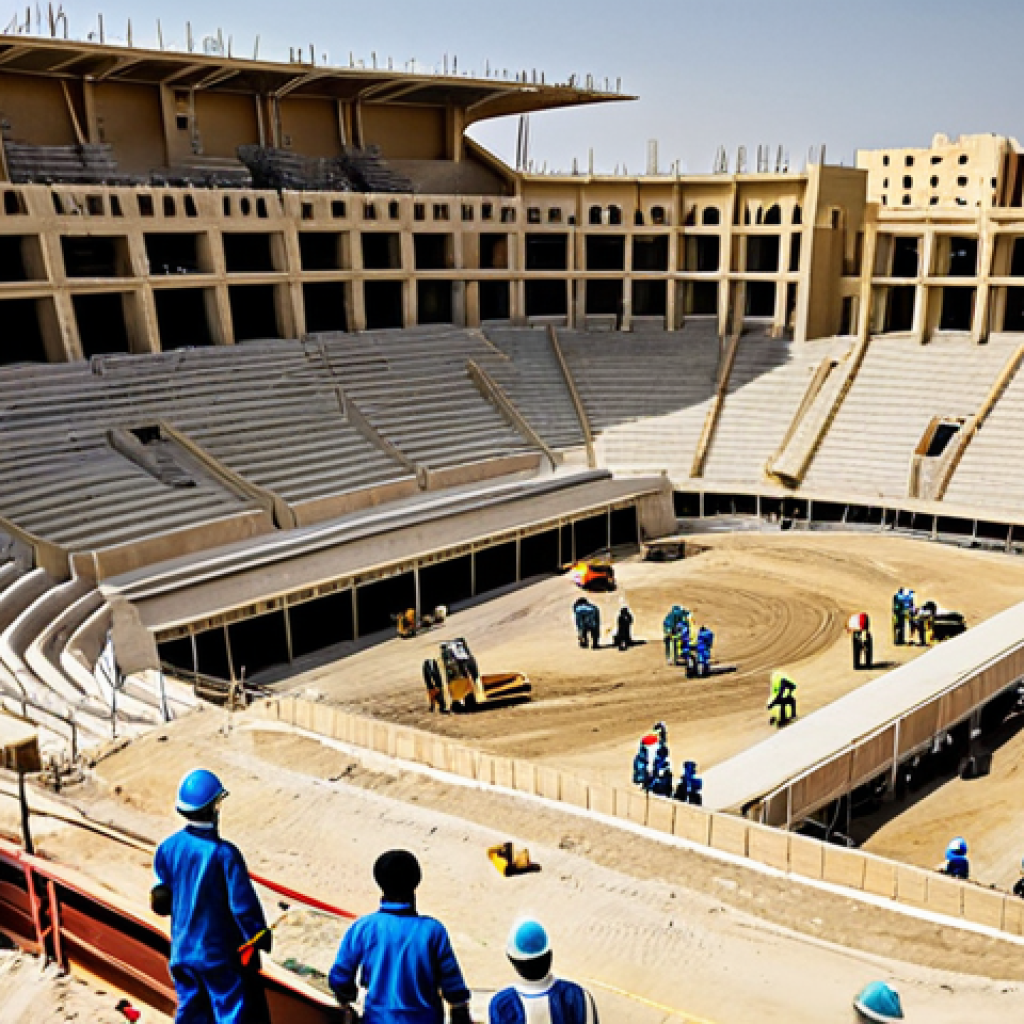 **

"Dusty construction site in Qatar, featuring fully clothed construction workers in modest work attire building a stadium under a harsh sun, safe for work, appropriate content, perfect anatomy, natural proportions, professional photography, high quality, focusing on the challenging labor conditions, family-friendly, depicting the scale of the project, showing workers with appropriate safety gear, but highlighting the demanding environment, realistic rendering."

**