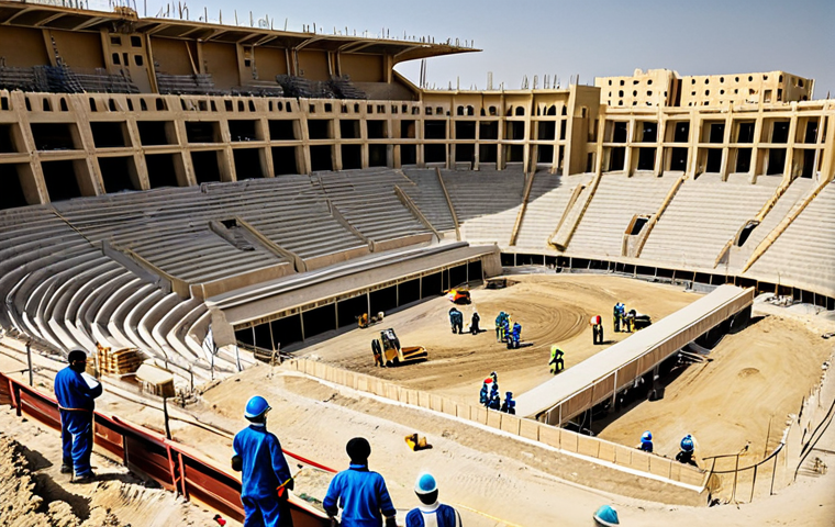 **
"Dusty construction site in Qatar, featuring fully clothed construction workers in modest work attire building a stadium under a harsh sun, safe for work, appropriate content, perfect anatomy, natural proportions, professional photography, high quality, focusing on the challenging labor conditions, family-friendly, depicting the scale of the project, showing workers with appropriate safety gear, but highlighting the demanding environment, realistic rendering."
**
