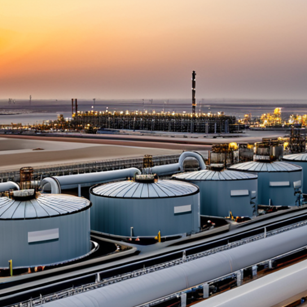Qatar LNG Plant at Sunset**

"A vast Qatar LNG plant complex at sunset, showing multiple storage tanks and pipelines, with the desert landscape in the background, fully clothed workers in safety gear visible in the distance, appropriate content, safe for work, perfect anatomy, correct proportions, professional photography, high quality, modest attire."

**