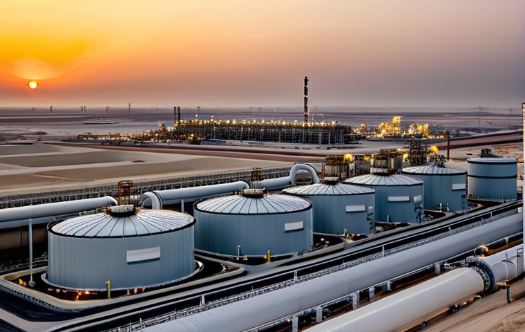 Qatar LNG Plant at Sunset**
"A vast Qatar LNG plant complex at sunset, showing multiple storage tanks and pipelines, with the desert landscape in the background, fully clothed workers in safety gear visible in the distance, appropriate content, safe for work, perfect anatomy, correct proportions, professional photography, high quality, modest attire."
**