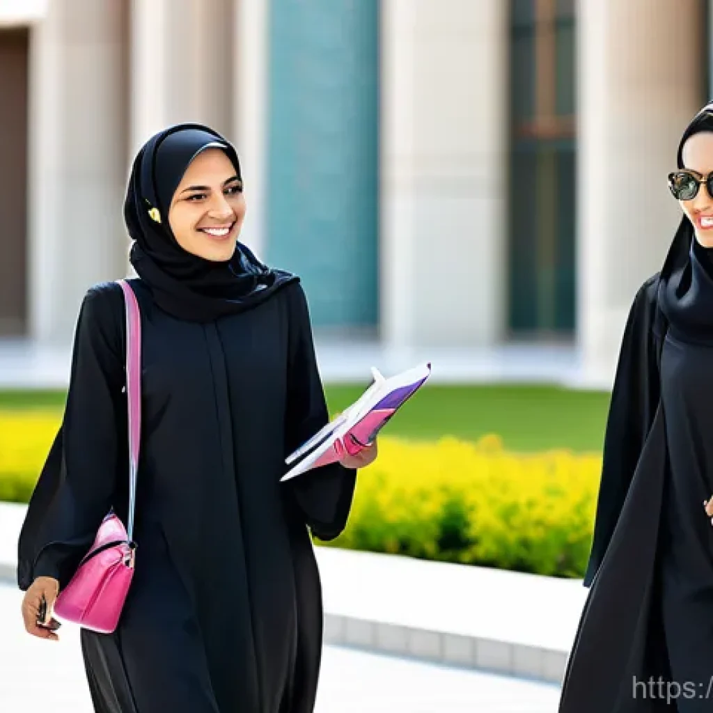 카타르 여성의 사회적 위치 - A bright, modern university campus in Qatar, with several Qatari women in contemporary abayas and hi...