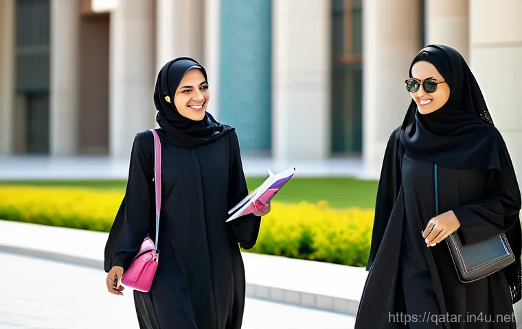 카타르 여성의 사회적 위치 - A bright, modern university campus in Qatar, with several Qatari women in contemporary abayas and hi...