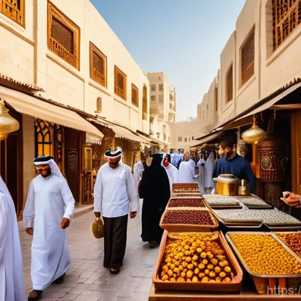 카타르의 전통과 현대의 조화 - A bustling and vibrant street scene within Souq Waqif in Doha, Qatar, at golden hour. Narrow, windin...
