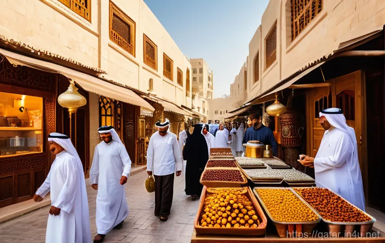 카타르의 전통과 현대의 조화 - A bustling and vibrant street scene within Souq Waqif in Doha, Qatar, at golden hour. Narrow, windin...