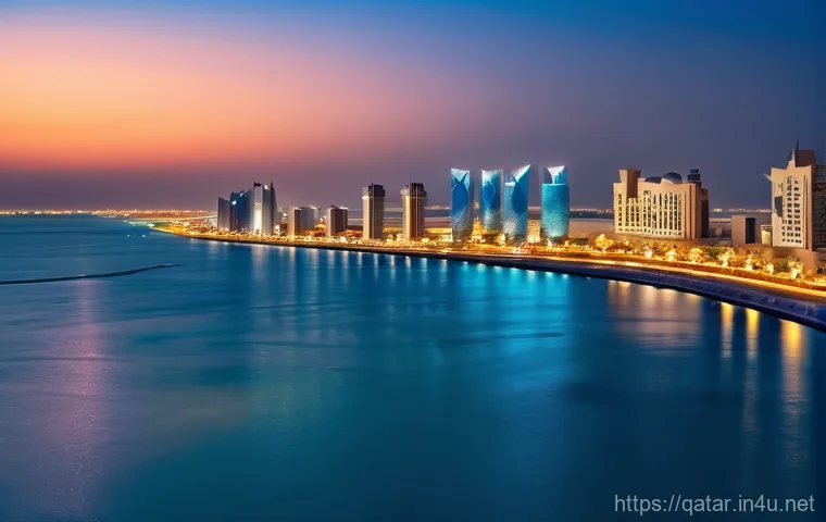 카타르의 전통과 현대의 조화 - A majestic, wide-angle exterior view of the National Museum of Qatar in Doha during the soft light o...
