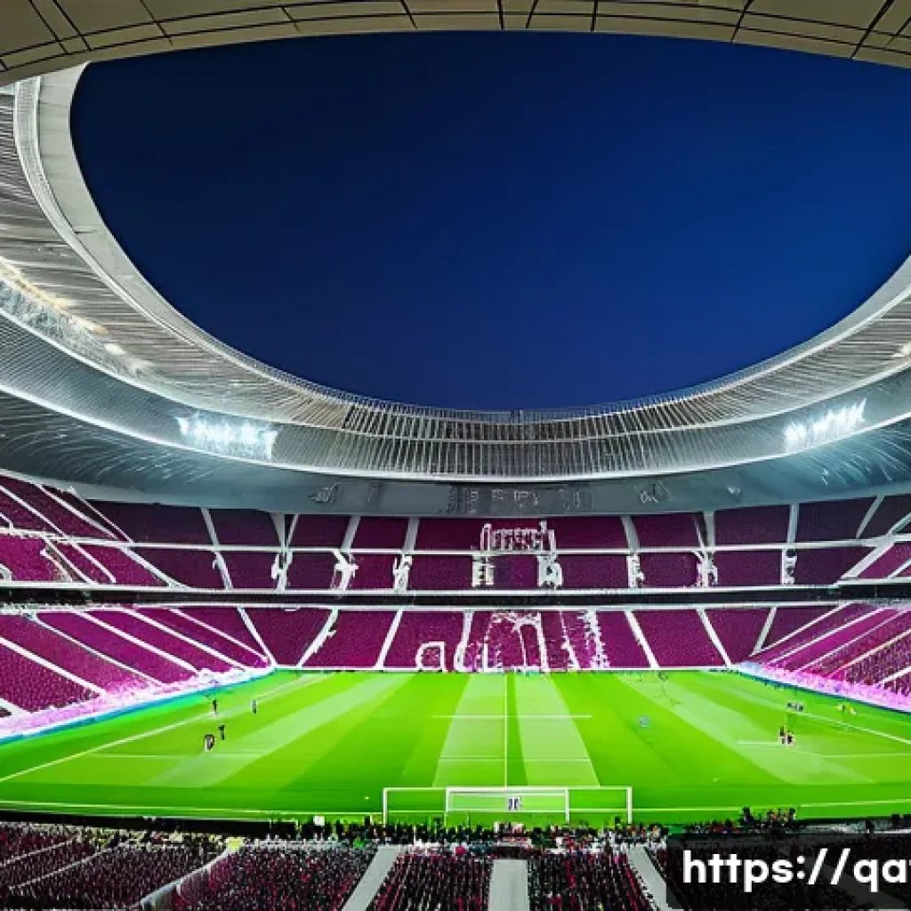 카타르와 스포츠 외교 - A vibrant, futuristic football stadium in Qatar at night, filled with a diverse, cheering crowd duri...