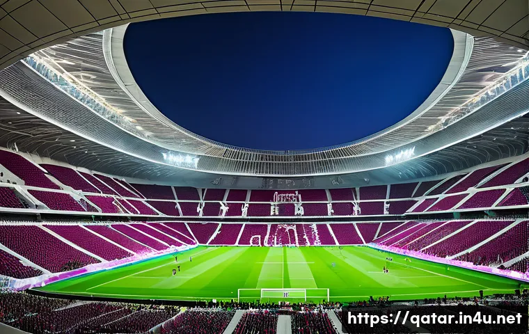 카타르와 스포츠 외교 - A vibrant, futuristic football stadium in Qatar at night, filled with a diverse, cheering crowd duri...