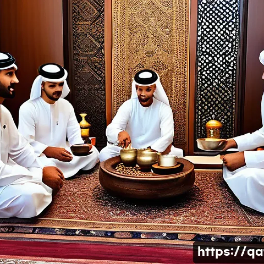 카타르 커피 문화 - A traditional Qatari coffee ceremony scene set in an elegant majlis with men and women in traditiona...