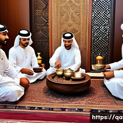 Home 32 카타르 커피 문화 - A traditional Qatari coffee ceremony scene set in an elegant majlis with men and women in traditiona...