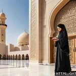 Home 19 카타르 문화적 금기 - A respectful scene showing a Qatari woman in traditional modest clothing, wearing a long abaya and h...