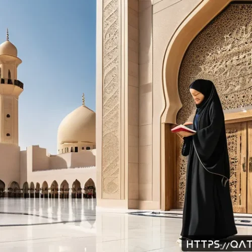 Home 31 카타르 문화적 금기 - A respectful scene showing a Qatari woman in traditional modest clothing, wearing a long abaya and h...