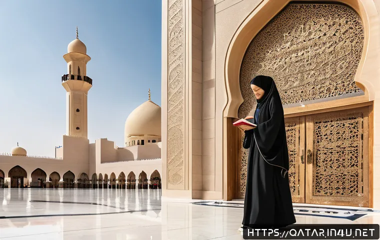 카타르 문화적 금기 - A respectful scene showing a Qatari woman in traditional modest clothing, wearing a long abaya and h...