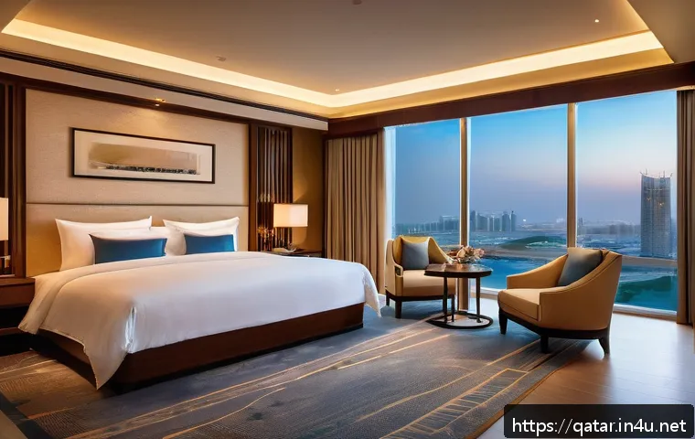카타르 호텔 추천 - A luxurious modern hotel room interior at The Westin Doha featuring spacious layout, elegant contemp...