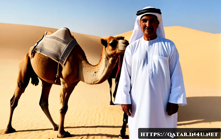 Home 17 카타르의 베두인 문화 - Photorealistic Qatar Bedouin cultural scene at sunrise, a dignified Bedouin elder in traditional whi...
